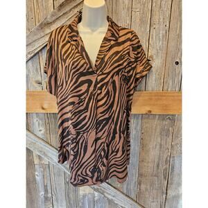 Joie large animal print tiger orange black short sleeve button up Career teacher